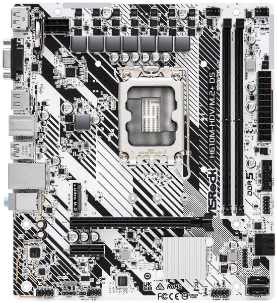 ASRock H610M-HDV/M.2+ D5 / LGA1700 / Intel H610 / 2x DDR5 / VGA / HDMI / DP / M.2 / USB-C / mATX Základní deska, Intel H610, LGA1700, 2× DDR5 DIMM (max. 96GB), M.2, USB-C, HDMI, DisplayPort, VGA, mATX