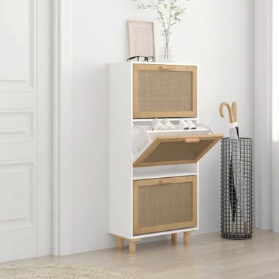 vidaXL Botník biely 52x25x115 cm spracované drevo a prírodný ratan