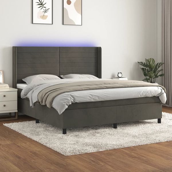 vidaXL Posteľ boxsping s matracom a LED tmavosivá 180x200 cm zamat