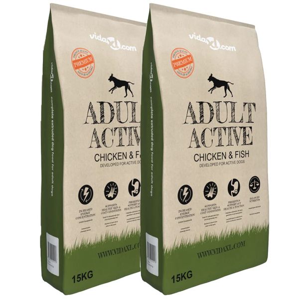 vidaXL Prémiové krmivo pre psov Adult Active Chicken & Fish 2 ks 30 kg