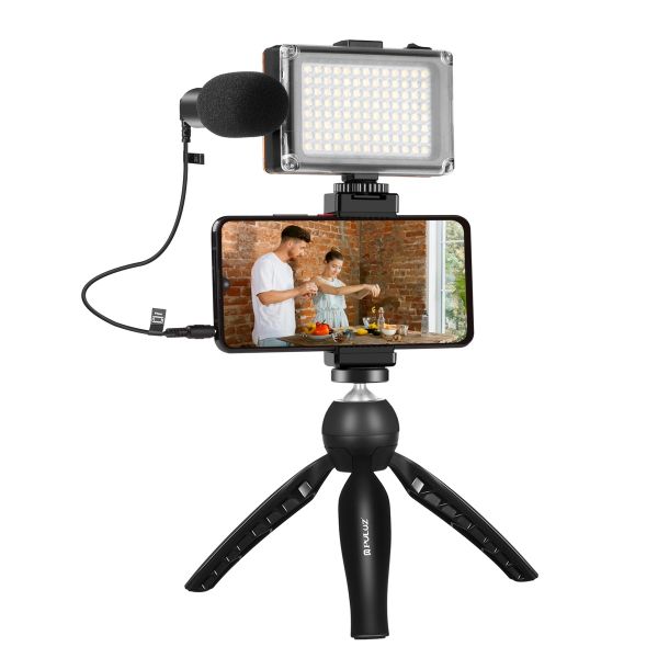 Súprava na živé vysielanie Puluz držiak na statív + LED lampa + mikrofón + svorka na telefón
