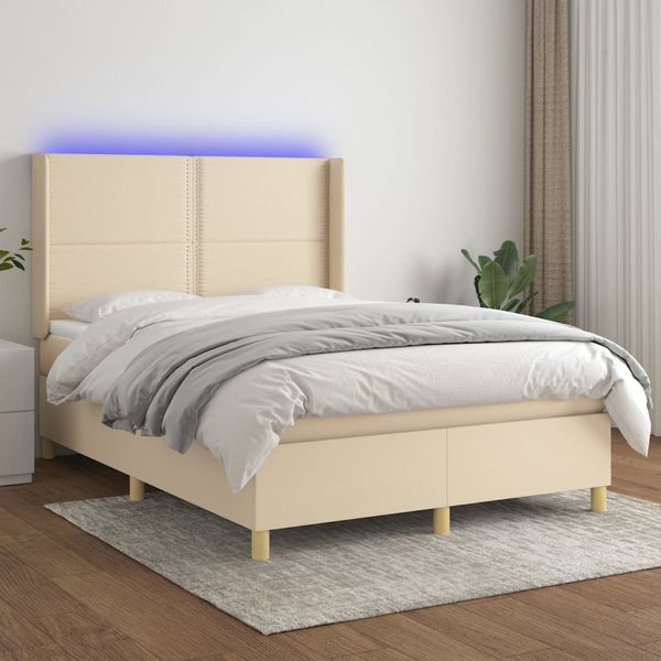 vidaXL Posteľ boxsping s matracom a LED krémová 140x190 cm látka