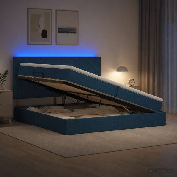 vidaXL LED úložná posteľ s matracom Modrá 200 x 200 cm Látka