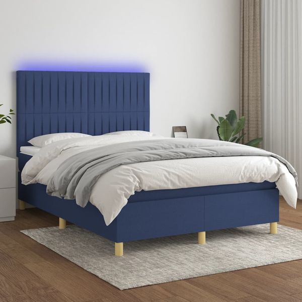 vidaXL Posteľ boxsping s matracom a LED modrá 140x190 cm látka