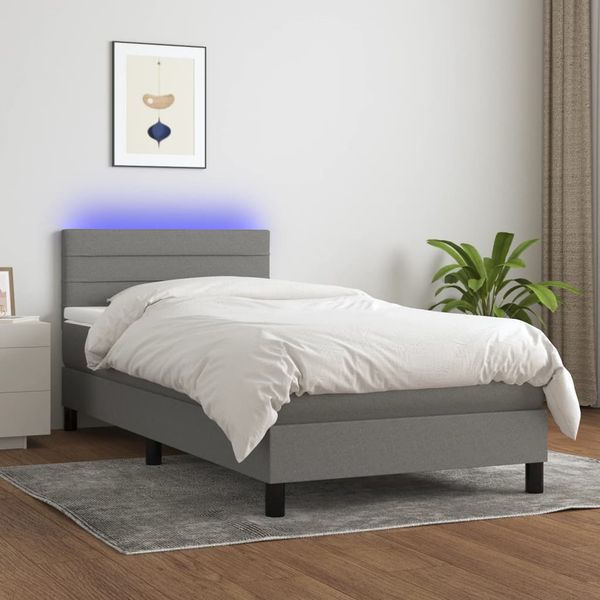 vidaXL Posteľ boxsping s matracom a LED tmavosivá 90x190 cm látka