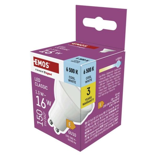 LED žiarovka Classic MR16 biela/ GU10 / 1,3 W (16 W) / 150 lm / Studená biela