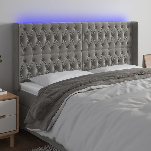 vidaXL Čelo postele s LED bledosivé 203x16x118/128 cm zamat
