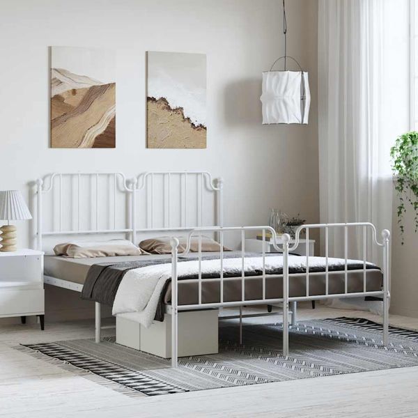 vidaXL Kovový rám postele s predným a zadným čelom biely 135x190 cm