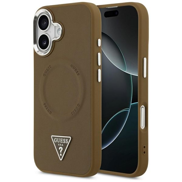 Puzdro Guess Case Magsafe PU Leather s trojuholníkovým logom a strieborným kovovým rámom fotoaparátu pre iPhone 17 hnedá