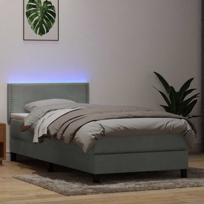 vidaXL Posteľný rám boxsping s matracom a LED bledosivý 90x220 cm zamat
