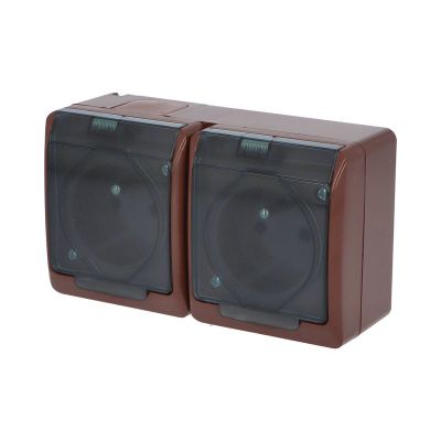 GALATEA IP44 Zásuvka 2x 2P+PE, 2-násobná vodorovná (hneda / průhledné víčko)