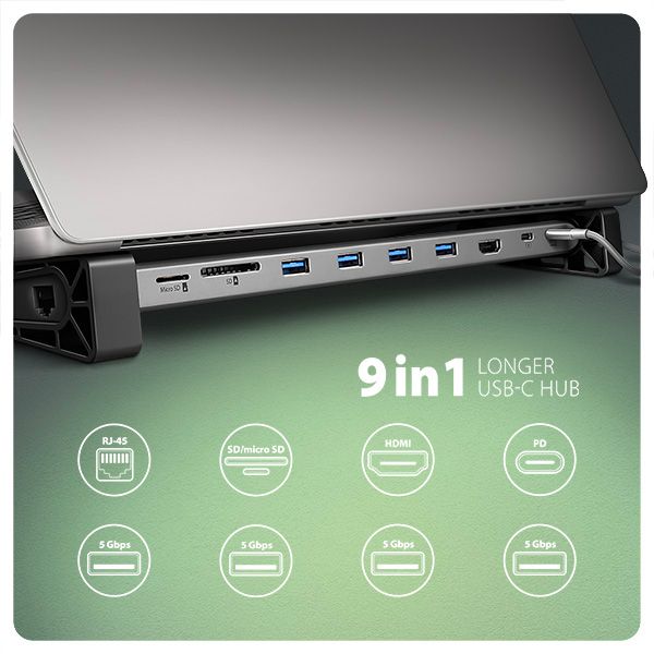 AXAGON HMC-10HLS, USB 5Gbps hub, 4x USB-A, HDMI 4k/60Hz, RJ-45 GLAN, SD/mSD, PD 100W, kábel 25cm Docking stanica, USB-C, kompatibilný s Thunderbolt 4, 1× HDMI, 4× USB 3.0, 1× USB-C (PD 100W), RJ-45, čítačka SD a micro SD kariet