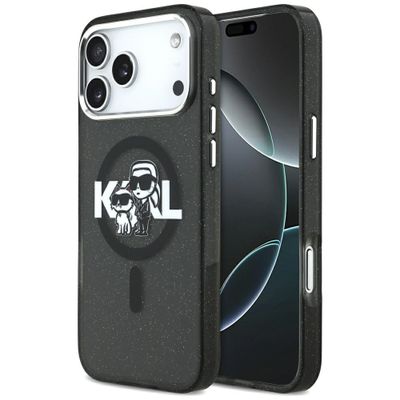 Puzdro Karl Lagerfeld Magsafe IML trblietavé s kovovým rámom fotoaparátu a tlačidlami s motívom Karl a Choupette pre iPhone 17 Pro Max čierne