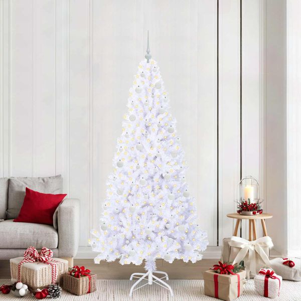 vidaXL Umelý vianočný stromček s 300 LED-i Biela 210 cm PVC a oceľ