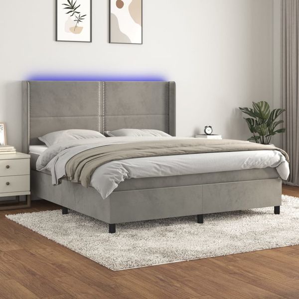 vidaXL Posteľ boxsping s matracom a LED bledosivá 180x200 cm zamat
