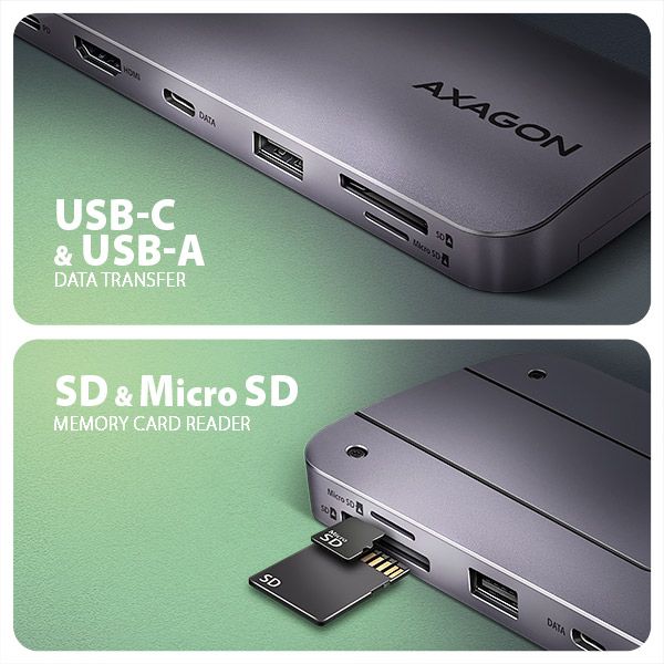 AXAGON HMC-6GM2, USB 10Gbps hub, USB-A, USB-C, HDMI, M.2 slot, SD/MicroSD, PD 100W, kábel 20cm Dokovacia stanica, USB-C, 1× USB 3.1, 2× USB-C, 1× HDMI, 1× M.2 slot, čítačka SD/microSD, Power Delivery 3.0 100W, hliník, sivá