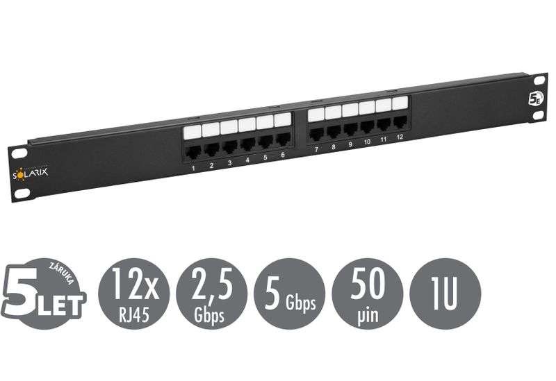 19'' patch panel Solarix 12 x RJ45 CAT5E UTP 150 MHz čierny 1U SX12-5E-UTP-BK