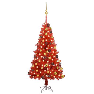 vidaXL Osvetlený umelý vianočný stromček s guľami, červený 120 cm, PVC