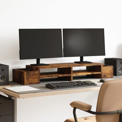 vidaXL Stojan na monitor s policou dymový dub 100x27x15 cm komp. drevo