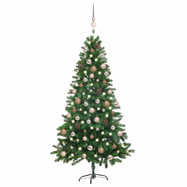vidaXL Osvetlený umelý vianočný stromček s guľami 180 cm, zelený