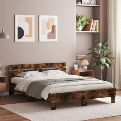 vidaXL Posteľný rám s čelom a LED dymový dub 150x200 cm