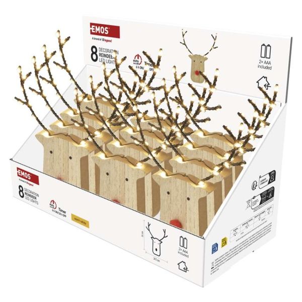 LED dekorácia drevená – sobík, 16 cm, 2x AAA, vnútorné, teplá biela, časovač, 12 ks, displ