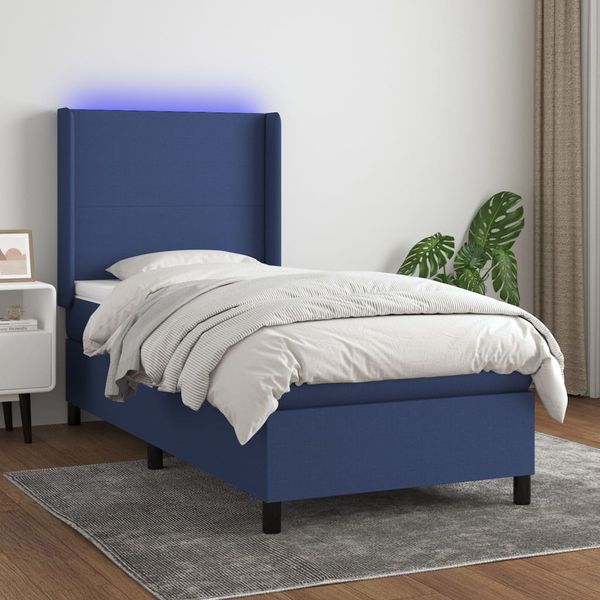 vidaXL Posteľ boxsping s matracom a LED modrá 90x200 cm látka