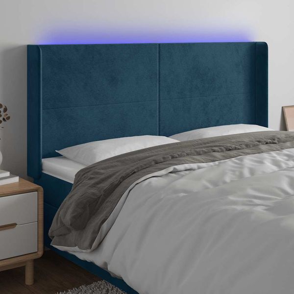 vidaXL Čelo postele s LED tmavomodré 203x16x118/128 cm zamat