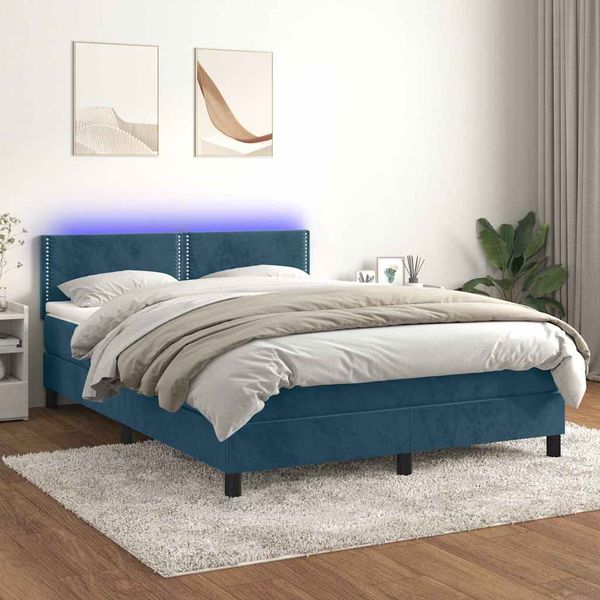vidaXL Posteľný rám boxsping matrac a LED tmavomodrý 140x190 cm zamat
