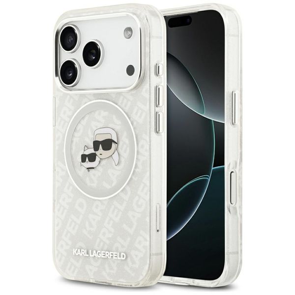 Obal Karl Lagerfeld Magsafe IML trblietavý obal s kovovým rámom fotoaparátu a tlačidlami, hlavy Karla a Choupette s opakovaným logom KL pre iPhone 17 Pro sivý