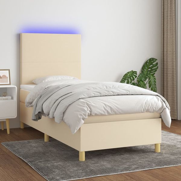 vidaXL Posteľ boxsping s matracom a LED krémová 100x200 cm látka