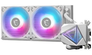 MSI vodný chladič CPU MAG CORELIQUID I240 WHITE/ 2x 120mm ARGB fan / biely Vodný chladič, pre CPU, pre Intel i AMD, 2× 120mm ARGB ventilátor, socket 1150, 1151, 1155, 1156, 1200, 1700, AM5, AM4, biely