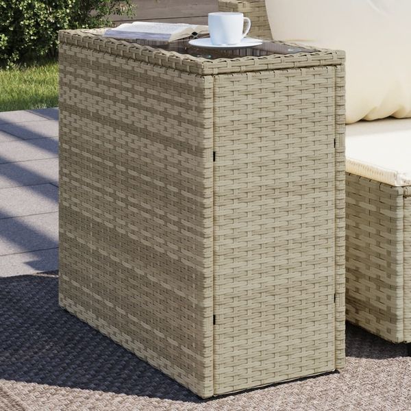 vidaXL Záhradný stôl sklenená doska bledosivá 58x27,5x55cm polyratan