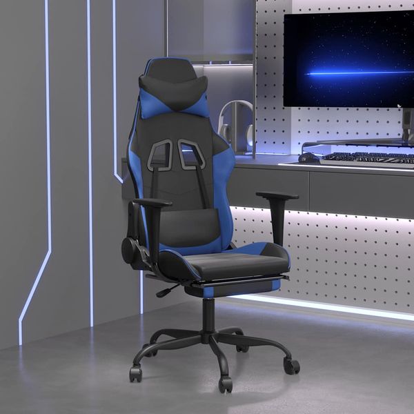vidaXL Masážna herná stolička s podnožkou čierna a modrá umelá koža