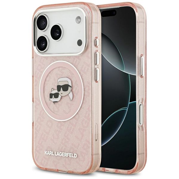 Karl Lagerfeld puzdro Magsafe IML trblietavé puzdro s kovovým rámom fotoaparátu a tlačidlami, hlavy Karla a Choupette na opakovanom logu KL pre iPhone 17 Pro ružová