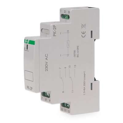 Relé elektromagnetické F&F PK-2P/230, 2× NO/NC, 230V, 2x 8A, na DIN lištu