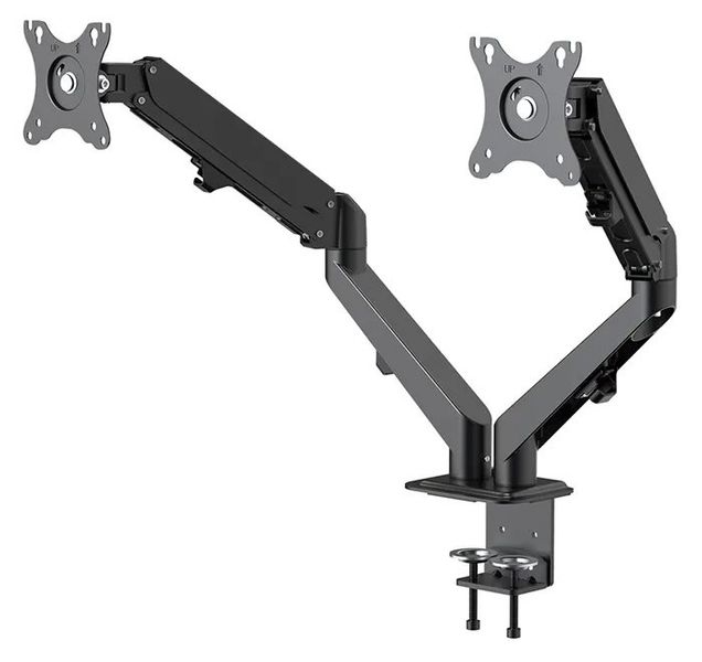 Neomounts DS70-700BL2/Držák displeje/na stůl/17-27"/svorka/VESA 100X100/nosn. 2x7kg/plynový píst/2 displeje/černý Držák, VESA, stolní, pro 2 ploché monitory, úhloprícka 17"-27", náklon, otácení, rotace, nosnost 14kg, cerný