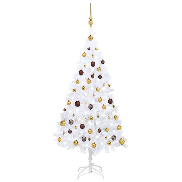 vidaXL Osvetlený umelý vianočný stromček s guľami, biely 150 cm, PVC