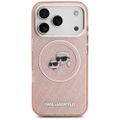 Karl Lagerfeld puzdro Magsafe IML trblietavé puzdro s kovovým rámom fotoaparátu a tlačidlami, hlavy Karla a Choupette na opakovanom logu KL pre iPhone 17 Pro ružová