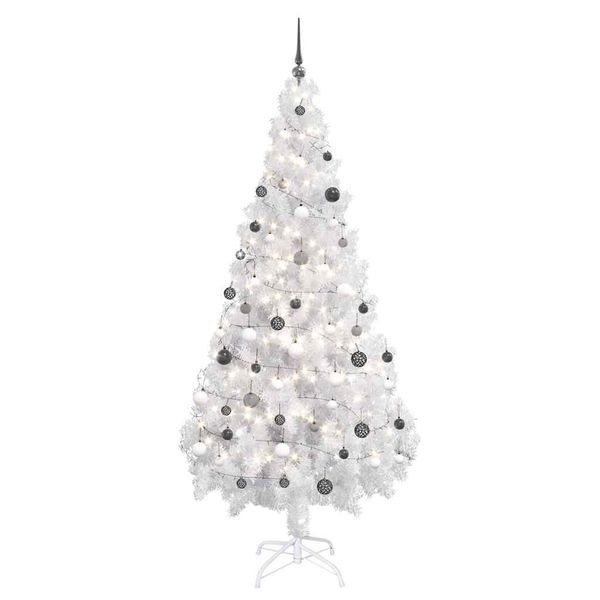 vidaXL Osvetlený umelý vianočný stromček s guľami, biely 180 cm, PVC