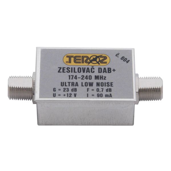 Anténny zosilňovač TEROZ 604X, nízkošumový, DAB, G23dB, F0,7dB, U>120dBµV, F-F