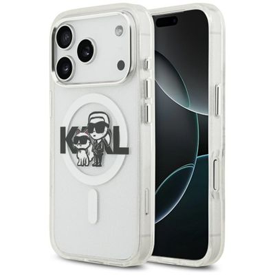 Puzdro Karl Lagerfeld Magsafe IML trblietavé puzdro s kovovým rámom fotoaparátu a tlačidlami a logom Karl a Choupette sketch pre iPhone 17 Pro číra