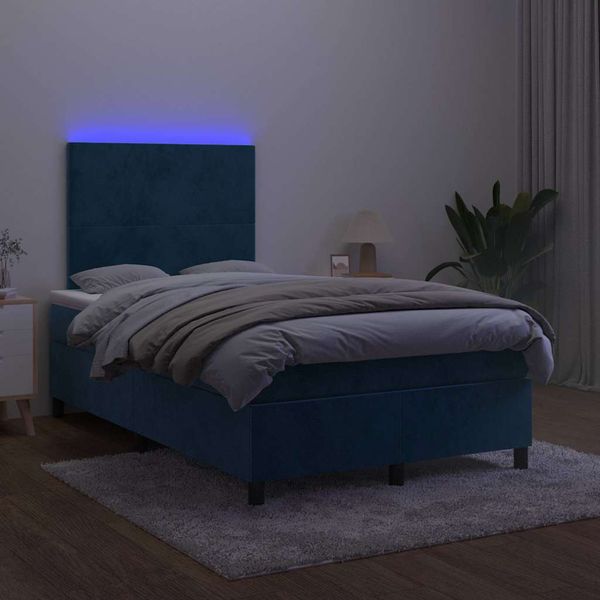 vidaXL Boxspring posteľ s matracom a LED, tmavomodrá 120x190 cm, zamat