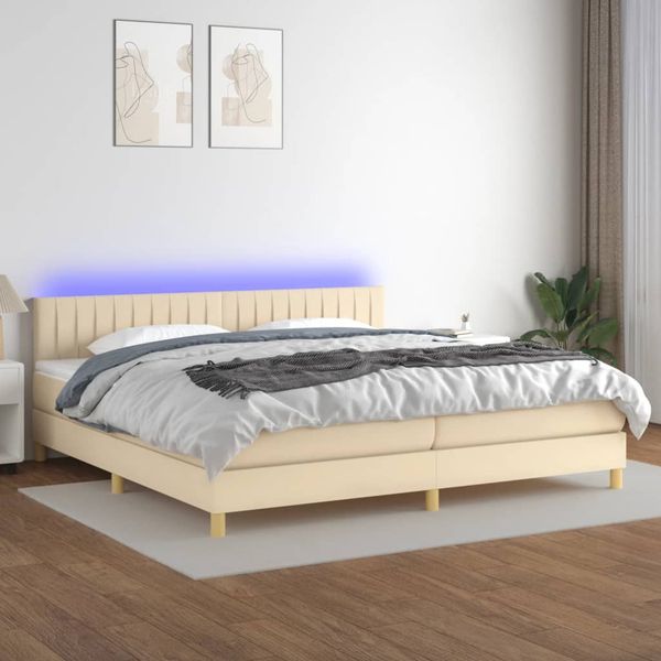 vidaXL Posteľ boxsping s matracom a LED krémová 200x200 cm látka