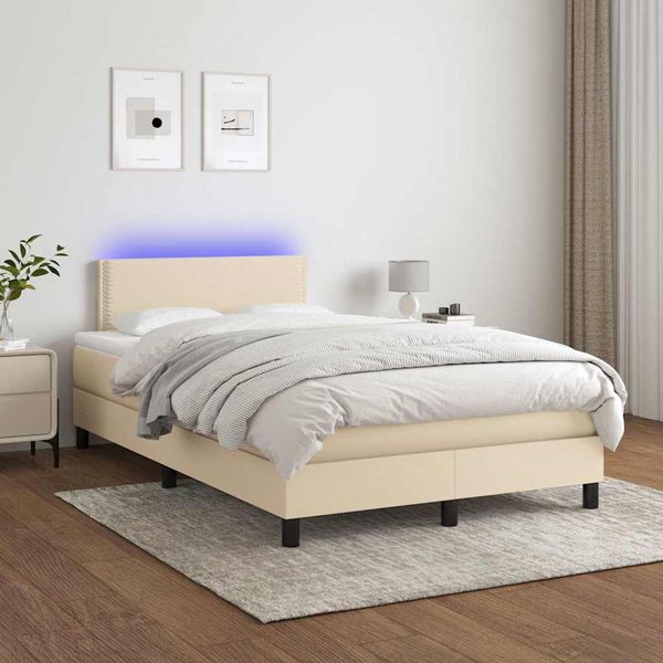 vidaXL Posteľ boxsping s matracom a LED krémová 120x200 cm látka
