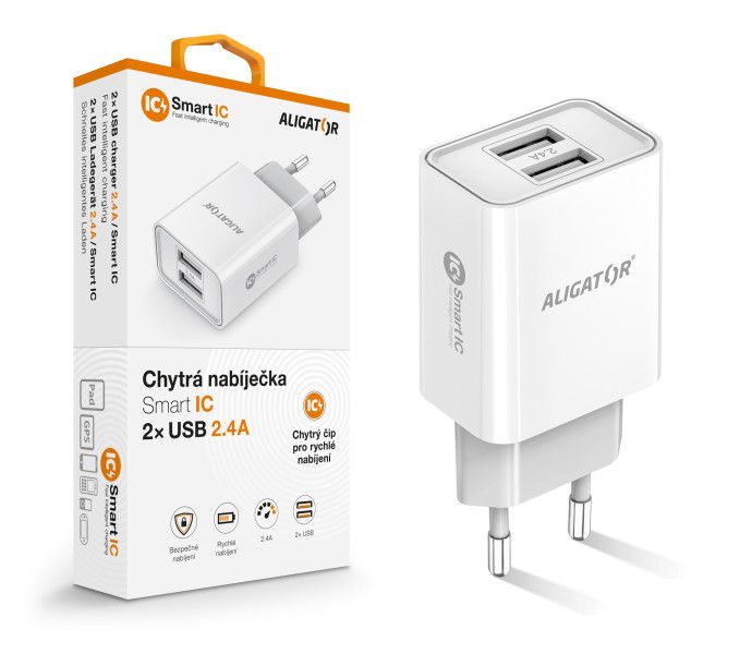 Múdra sieťová nabíjačka ALIGATOR 2,4A, 2xUSB, smart IC, biela