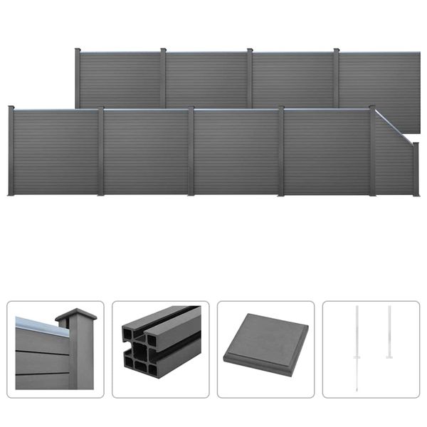 vidaXL Oplotenie 8 štvorcových 1 šikmý panel drevoplast 1495x187 cm sivé