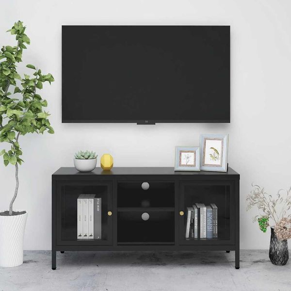 vidaXL TV skrinka čierna 105x35x52 cm oceľ a sklo