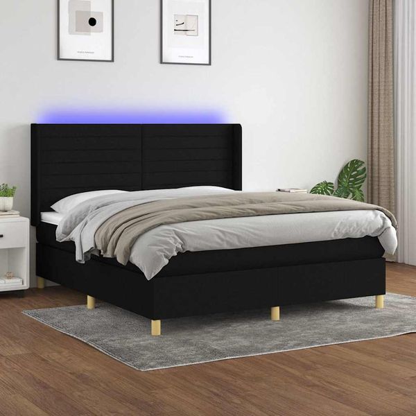 vidaXL Posteľ boxsping s matracom a LED čierna 180x200 cm látka