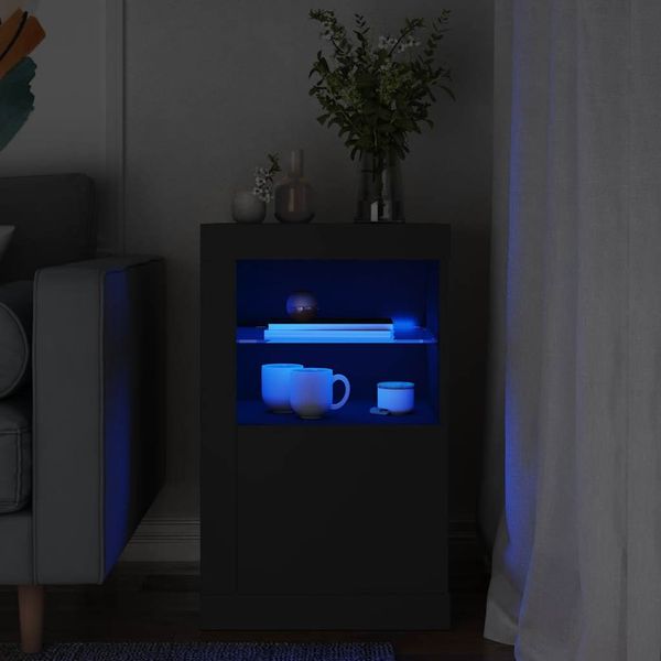 vidaXL Bočná skrinka s LED svetlami čierna kompozitné drevo